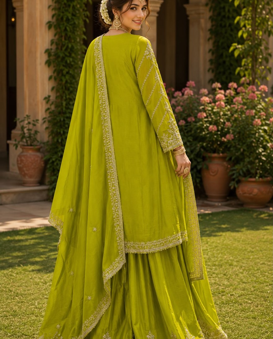 GREEN - Green Chinon Palazzo Salwar Suit with Embroidered and Thread Work